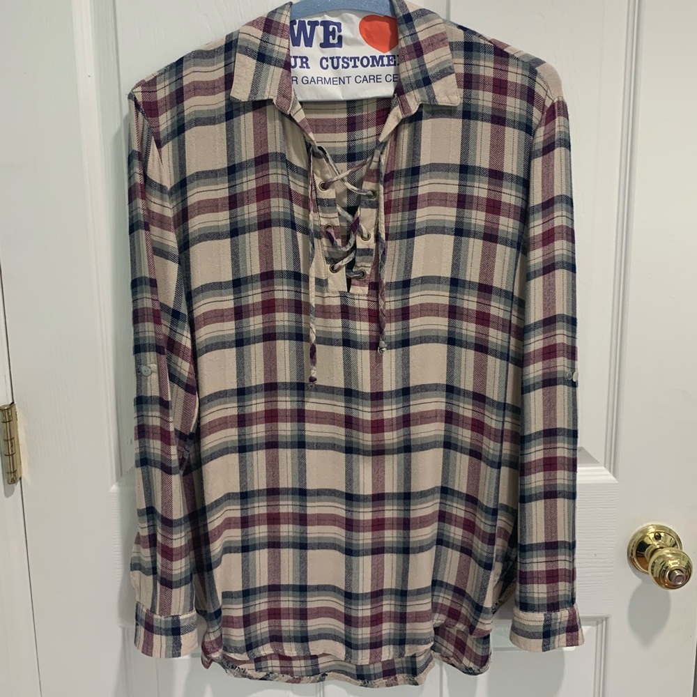 DEE ELLE lace up front plaid blouse